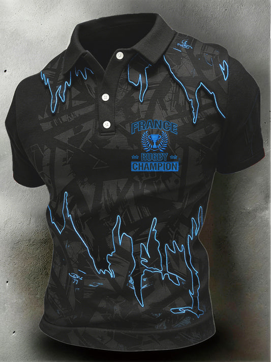 Polo de sport décontracté noir pour hommes, imprimé rugby français