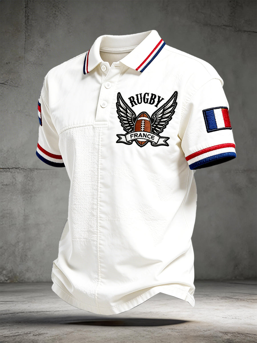 Polo décontracté pour homme, écru, motif patchwork rugby français, imprimé