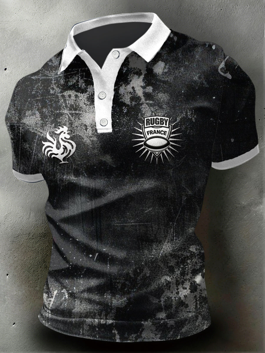 Polo décontracté noir pour homme, imprimé vintage rugby français