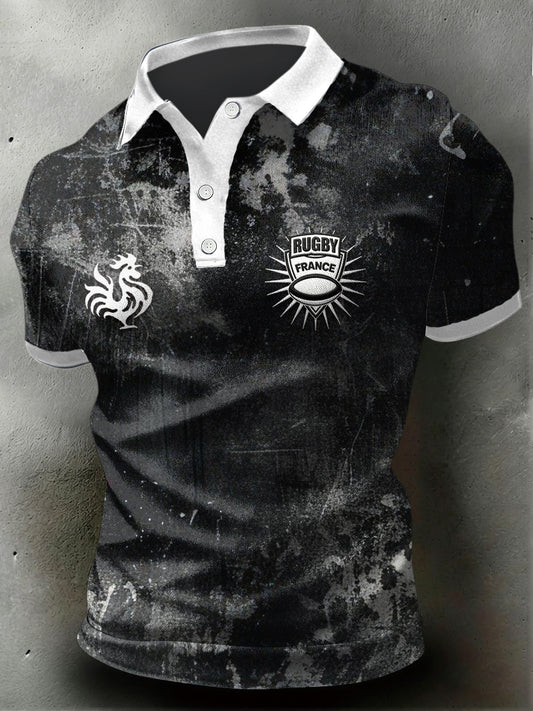 Polo décontracté noir pour homme, imprimé vintage rugby français