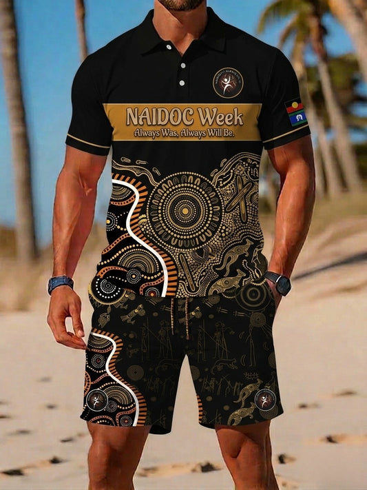 Retro AU Aboriginal Culture Printed Casual Polo & Shorts Set
