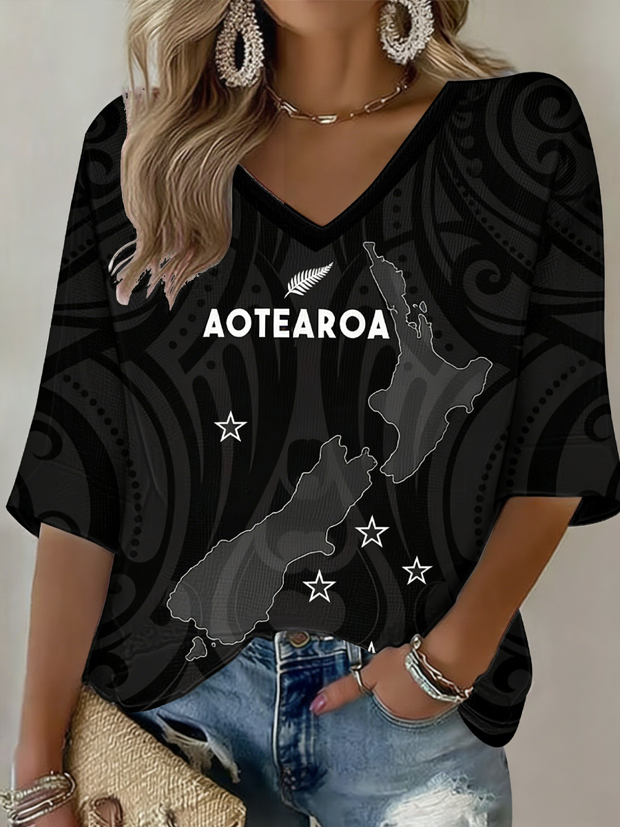 Women's Maori Art NZ Printed Waffle T-shirt
