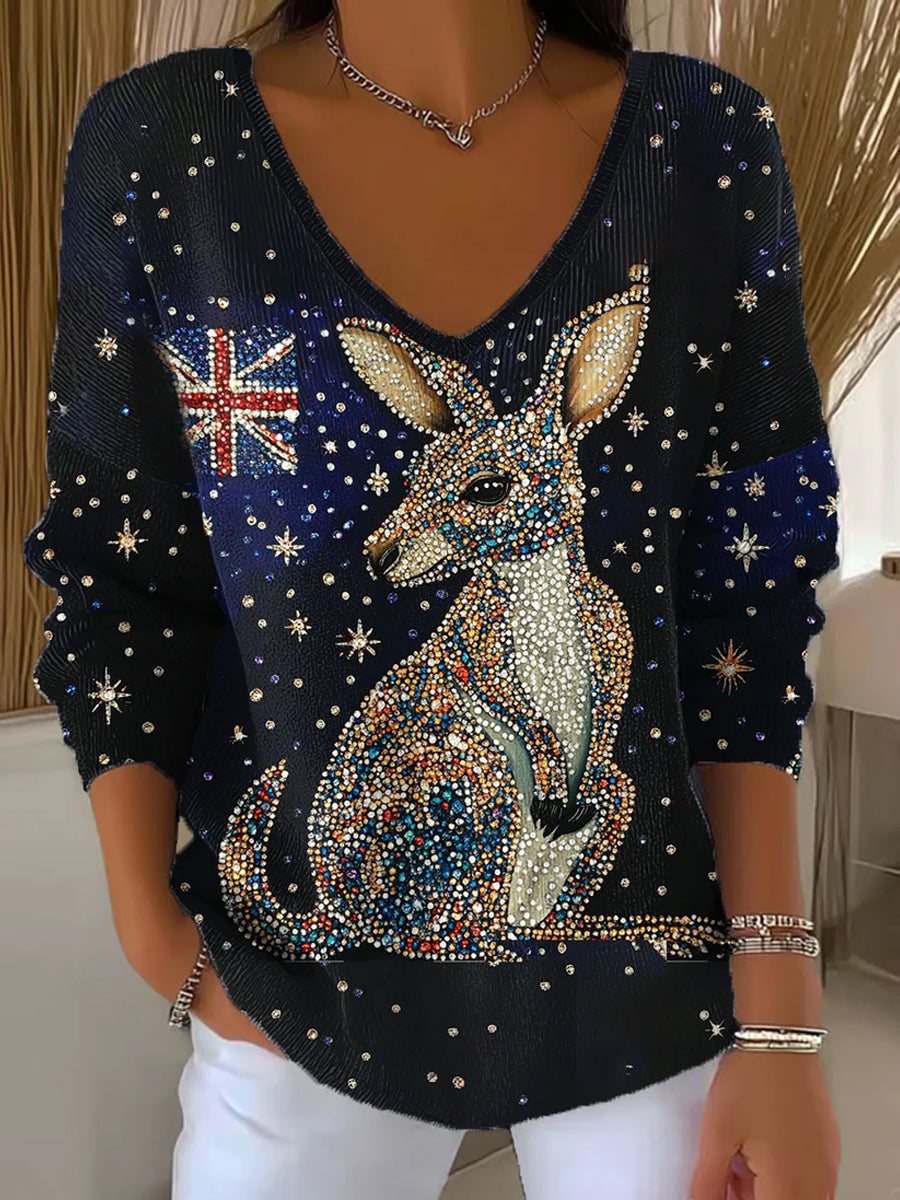 Women's AU Flag Art Kangaroo Printed V-Neck Ribbed Top