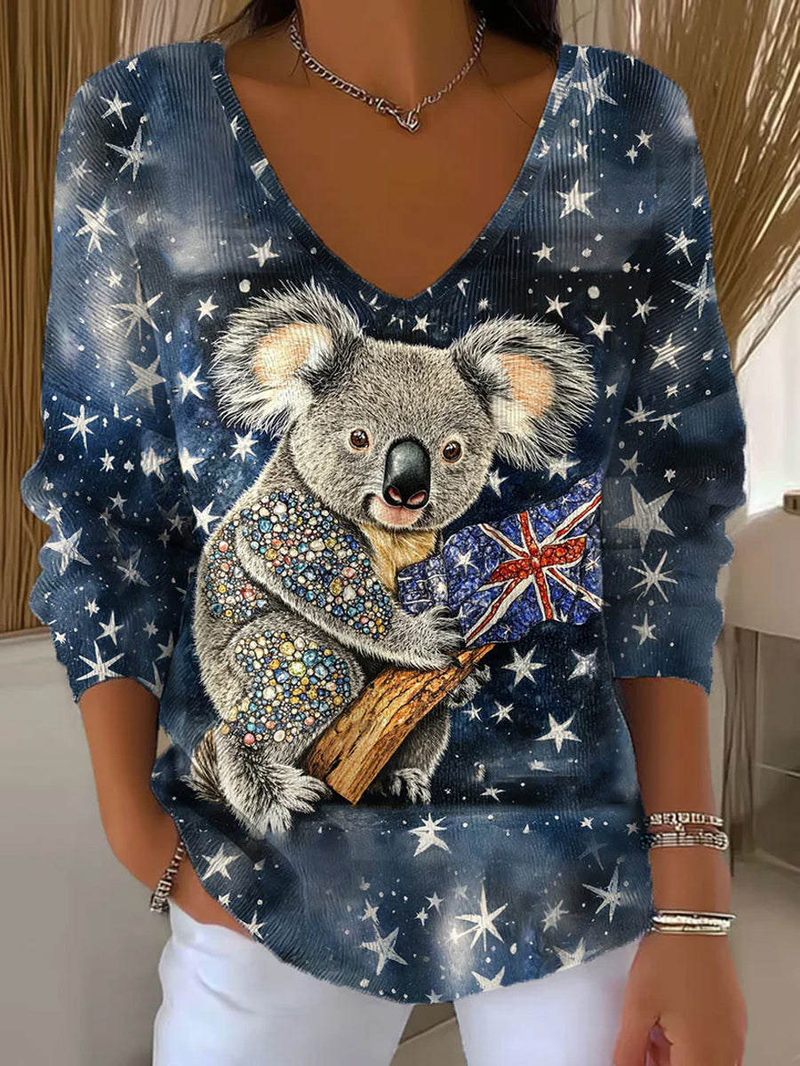 Women's AU Flag Art Koala Printed V-Neck Ribbed Top