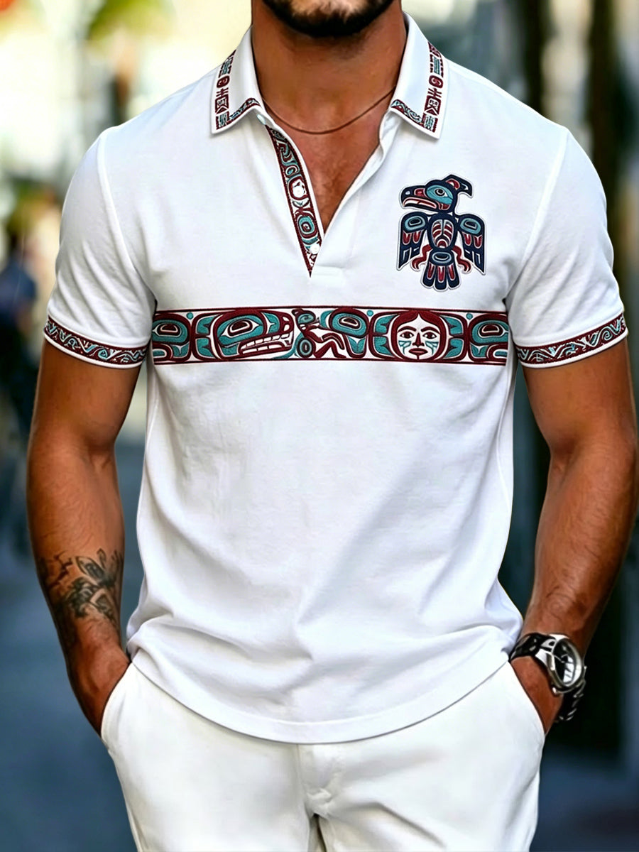 Retro Indigenous Raven Totem Patchwork Casual Polo