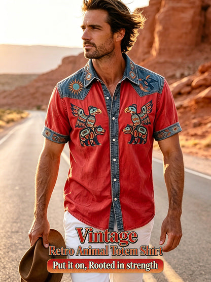 Men's Vintage Native American Animal Totem Patchwork Casual Shirt
