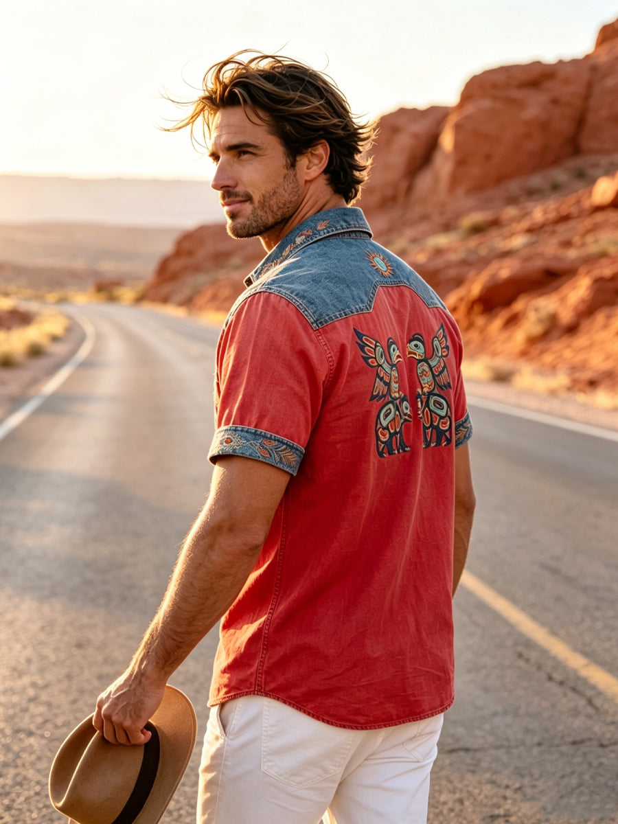 Men's Vintage Native American Animal Totem Patchwork Casual Shirt