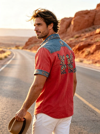 Men's Vintage Native American Animal Totem Patchwork Casual Shirt