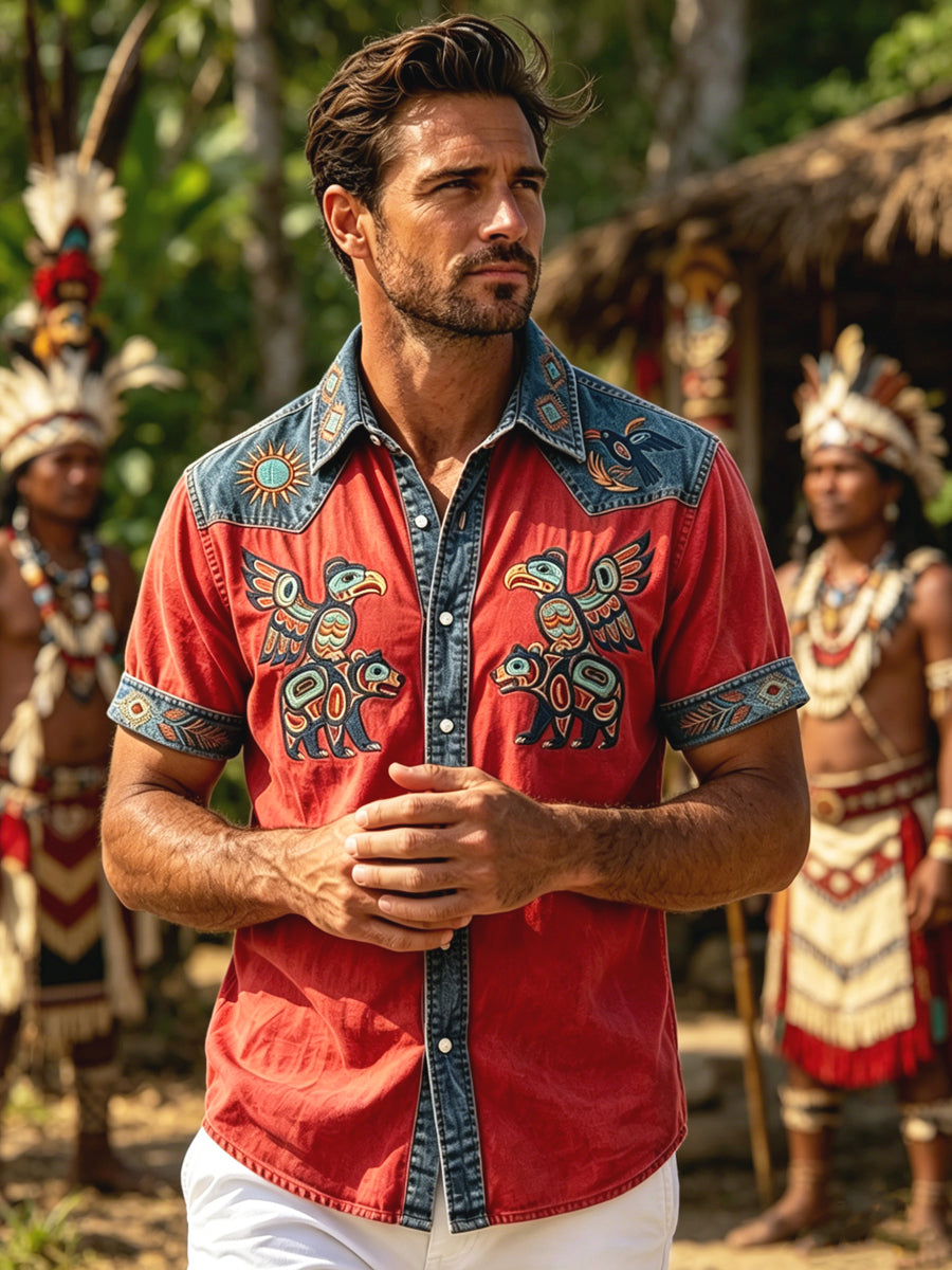 Men's Vintage Native American Animal Totem Patchwork Casual Shirt