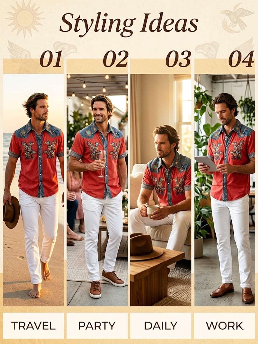 Men's Vintage Native American Animal Totem Patchwork Casual Shirt