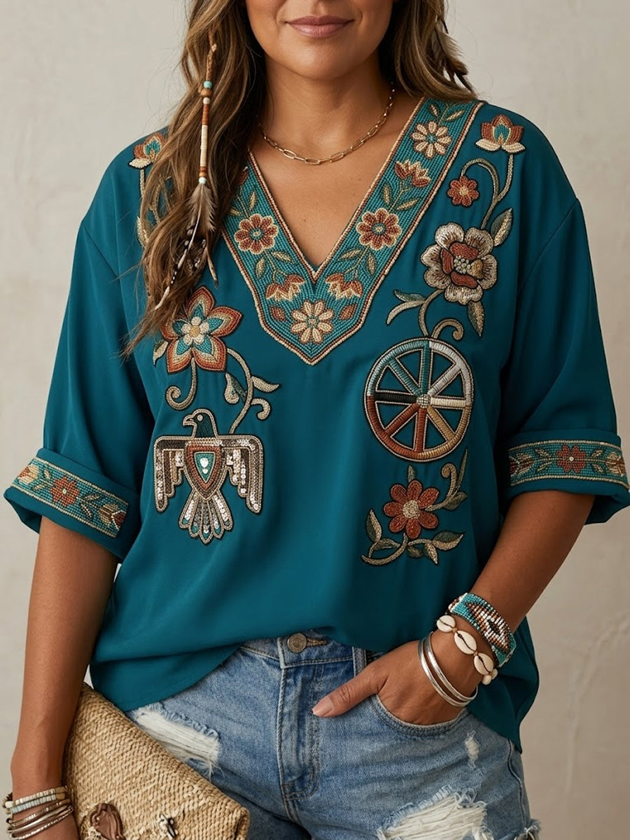 Women's Retro Indigenous Totem Art Casual V-Neck Top