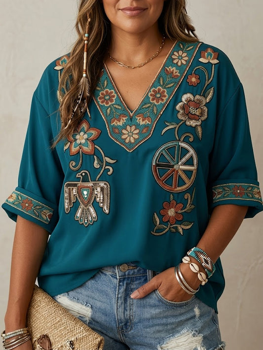 Women's Retro Indigenous Totem Art Casual V-Neck Top