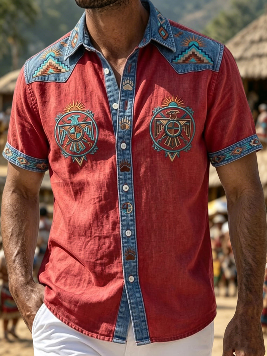 Men's Vintage Native American Totem Patchwork Casual Shirt