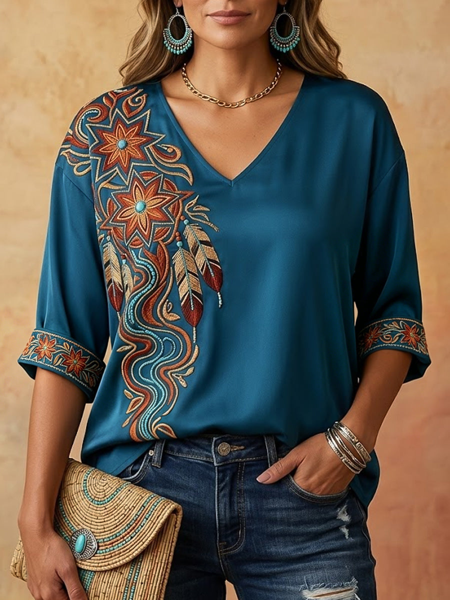 Women's Vintage Indigenous Floral Totem Art V-Neck Top