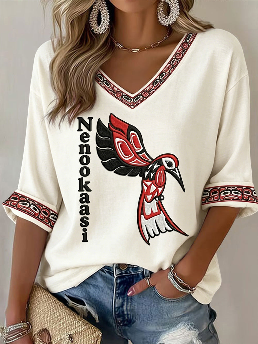Women's Retro Native American Animal Print Casual V-Neck Top