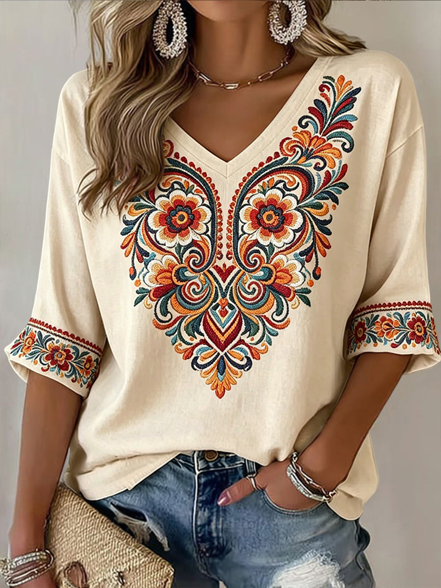 Women's Vintage Indigenous Floral Totem Art V-Neck T-Shirt