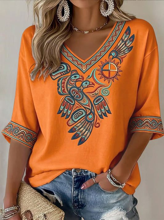 Women's Retro Native American-Inspired Casual V-Neck Top