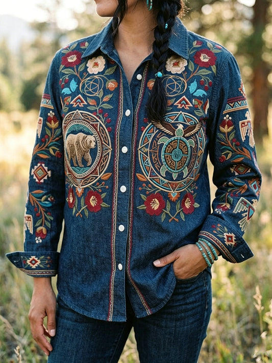 Women's Retro Indigenous Animal Totem Casual Shirt