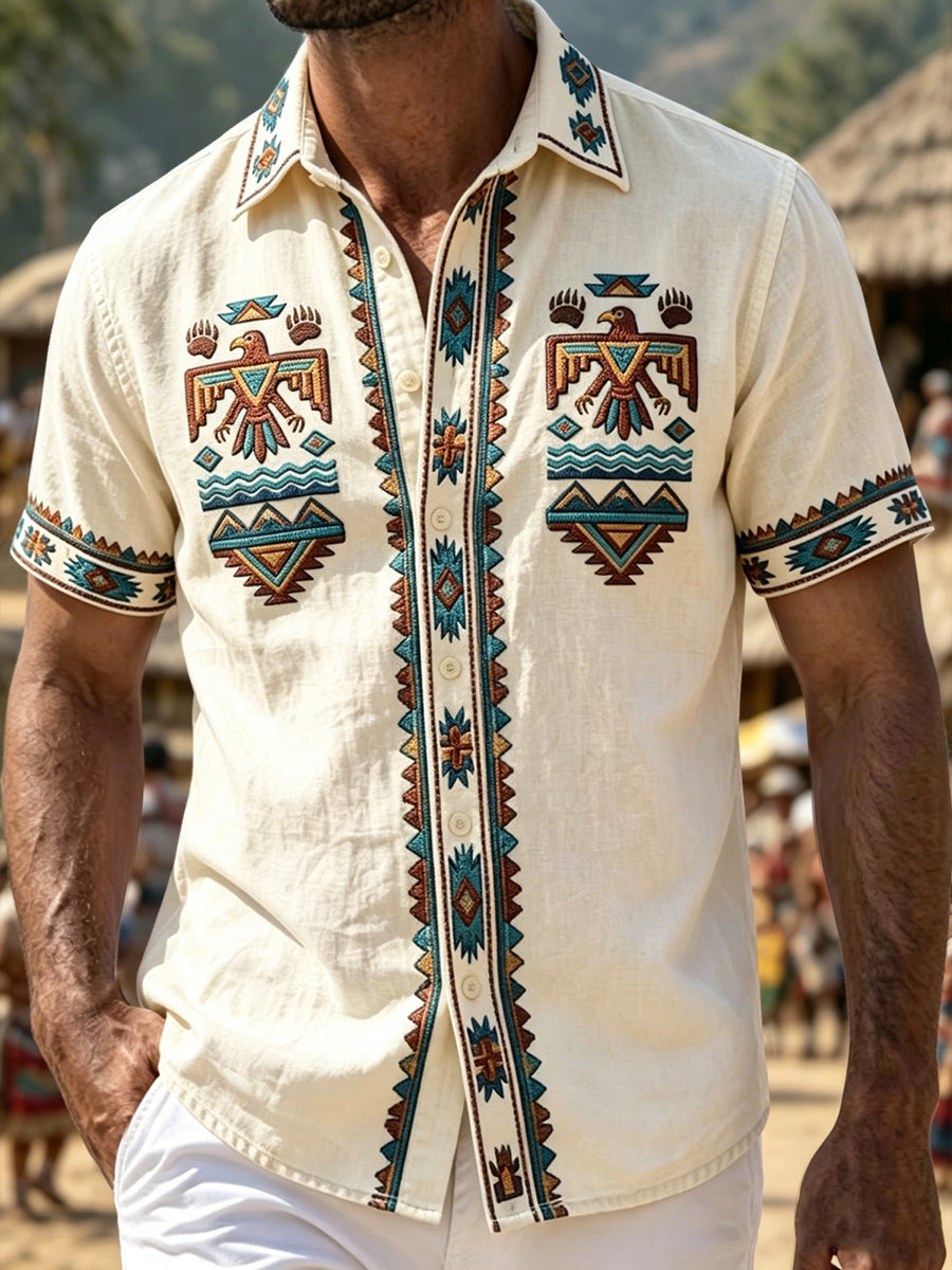 Men's Vintage Native American Geometric Eagle Print Casual Shirt
