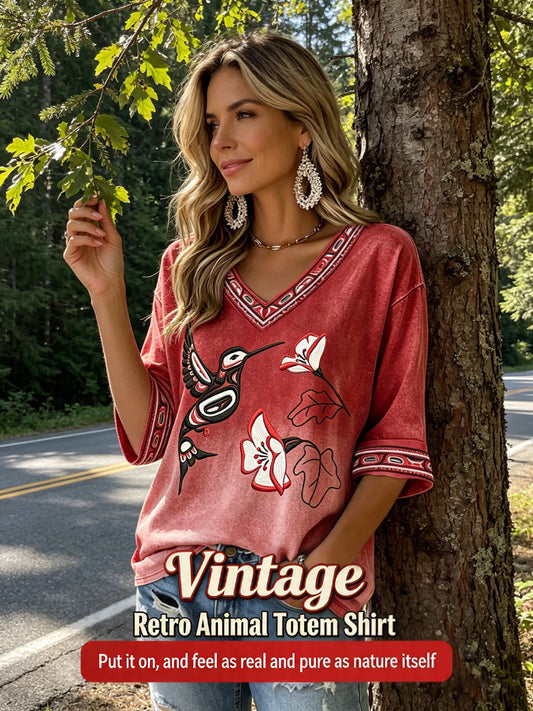 Women's Vintage Native American Hummingbird Print Casual V-Neck Top