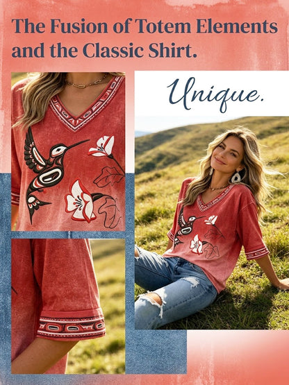 Women's Vintage Native American Hummingbird Print Casual V-Neck Top