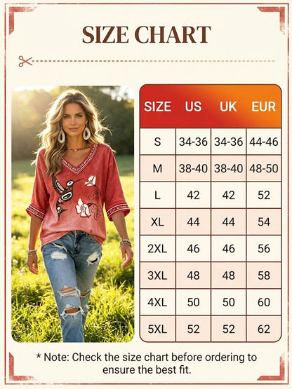 Women's Vintage Native American Hummingbird Print Casual V-Neck Top