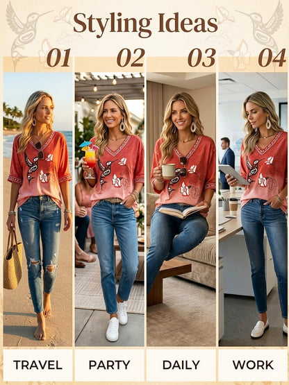 Women's Vintage Native American Hummingbird Print Casual V-Neck Top