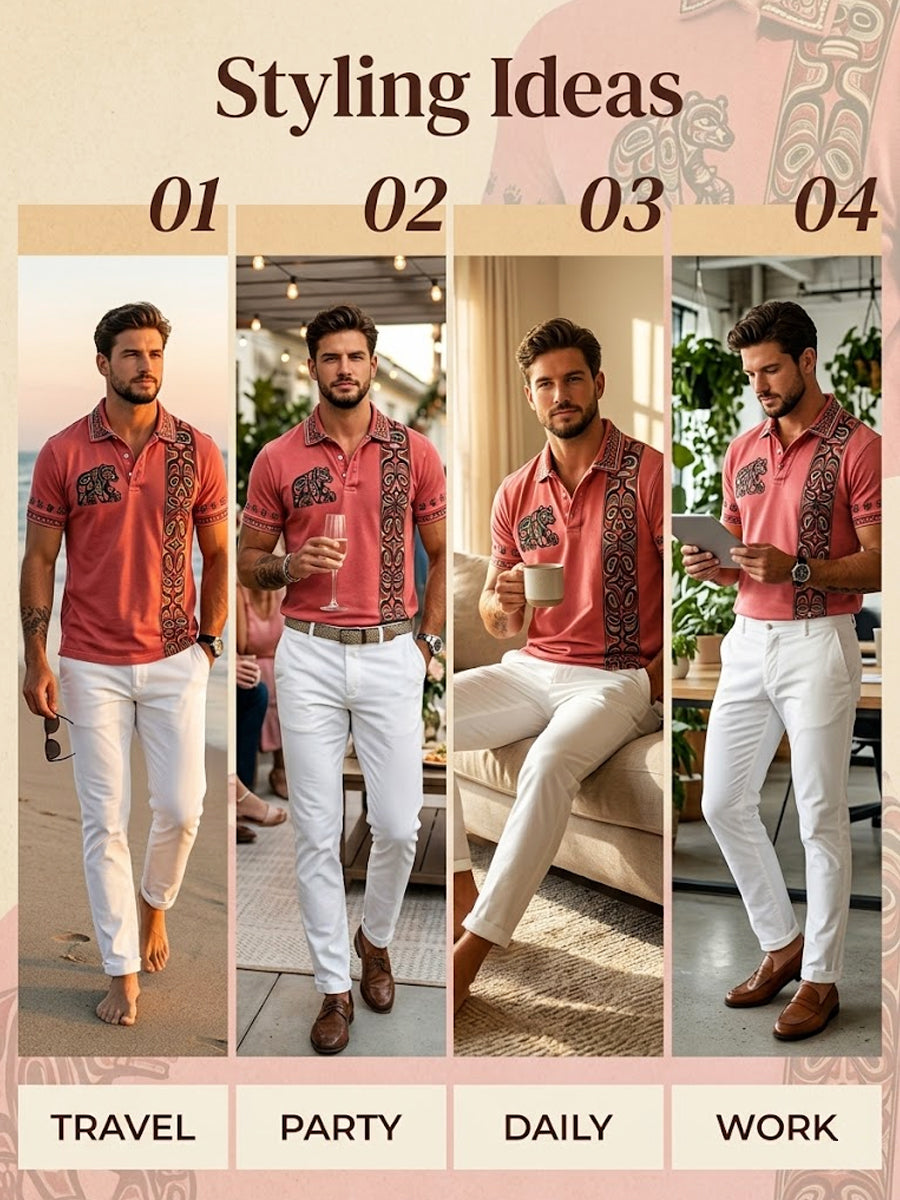 Men's Vintage Indigenous Animal Totem Casual Polo Shirt