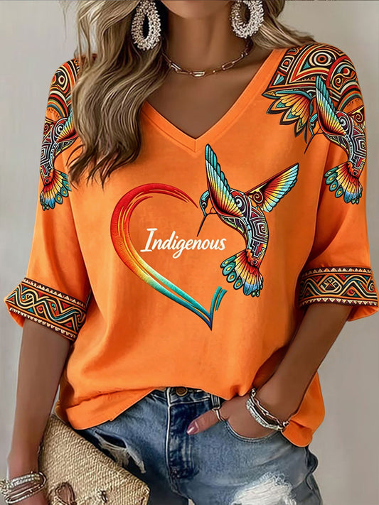 Women's Retro Indigenous Hummingbird Totem Casual V-Neck T-Shirt