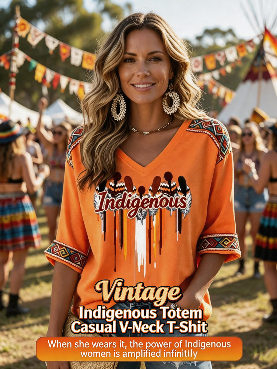 Women's Retro Indigenous Totem Casual V-Neck T-Shirt