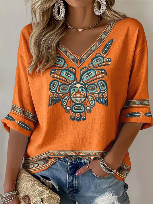 Women's Retro Indigenous Raven Totem Casual V-Neck T-Shirt