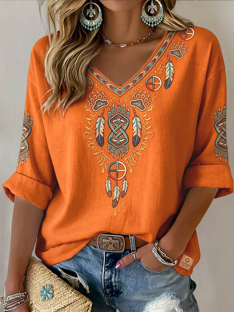 Women's Retro Indigenous Symmetrical Totem Casual V-Neck T-Shirt