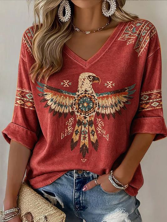 Women's Vintage Retro Indigenous Eagle Print Casual V-Neck T-Shirt