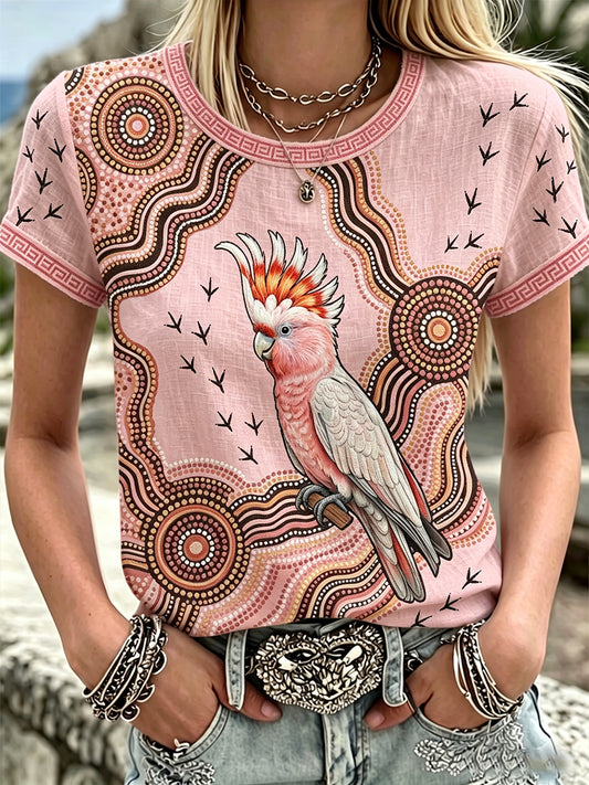 Women's Australia Cockatoo Aboriginal Art Linen  Short Sleeves Top