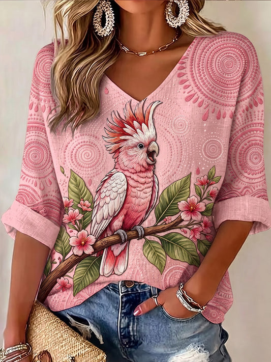 Women's Australia Cockatoo Aboriginal Art Linen V-Neck Shirt