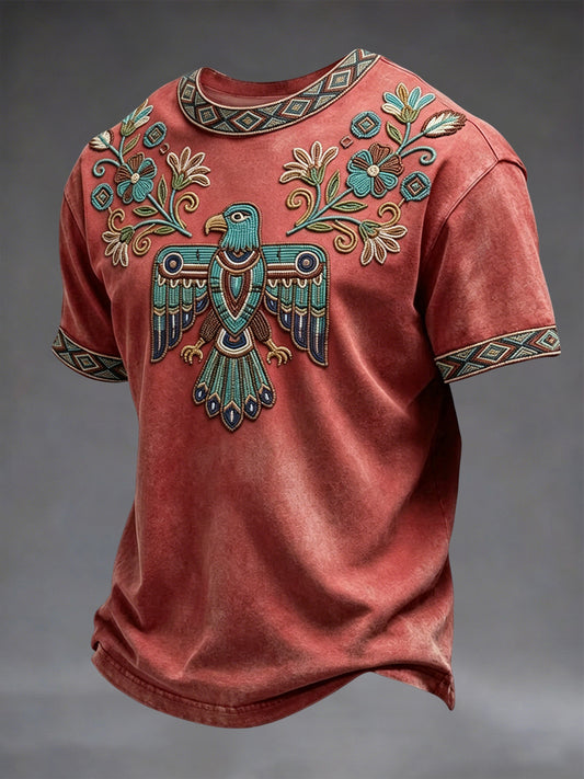 Vintage Native American Floral and Bird Motif Casual T-Shirt