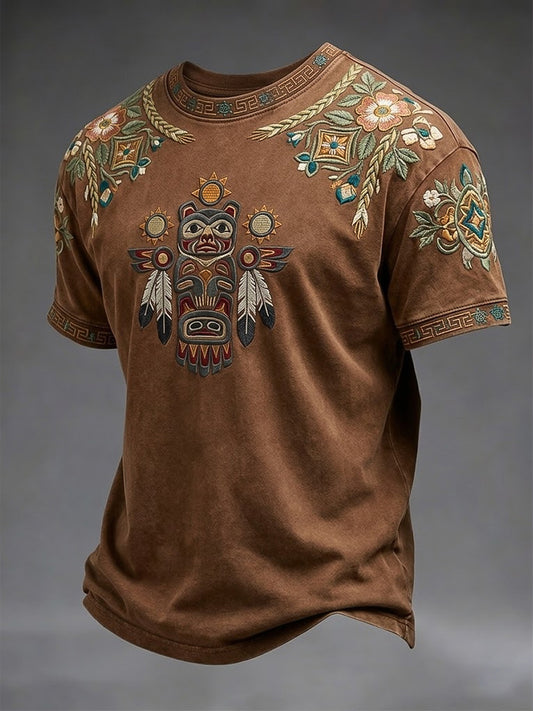 Vintage Native American Floral and Animal Print Casual T-Shirt