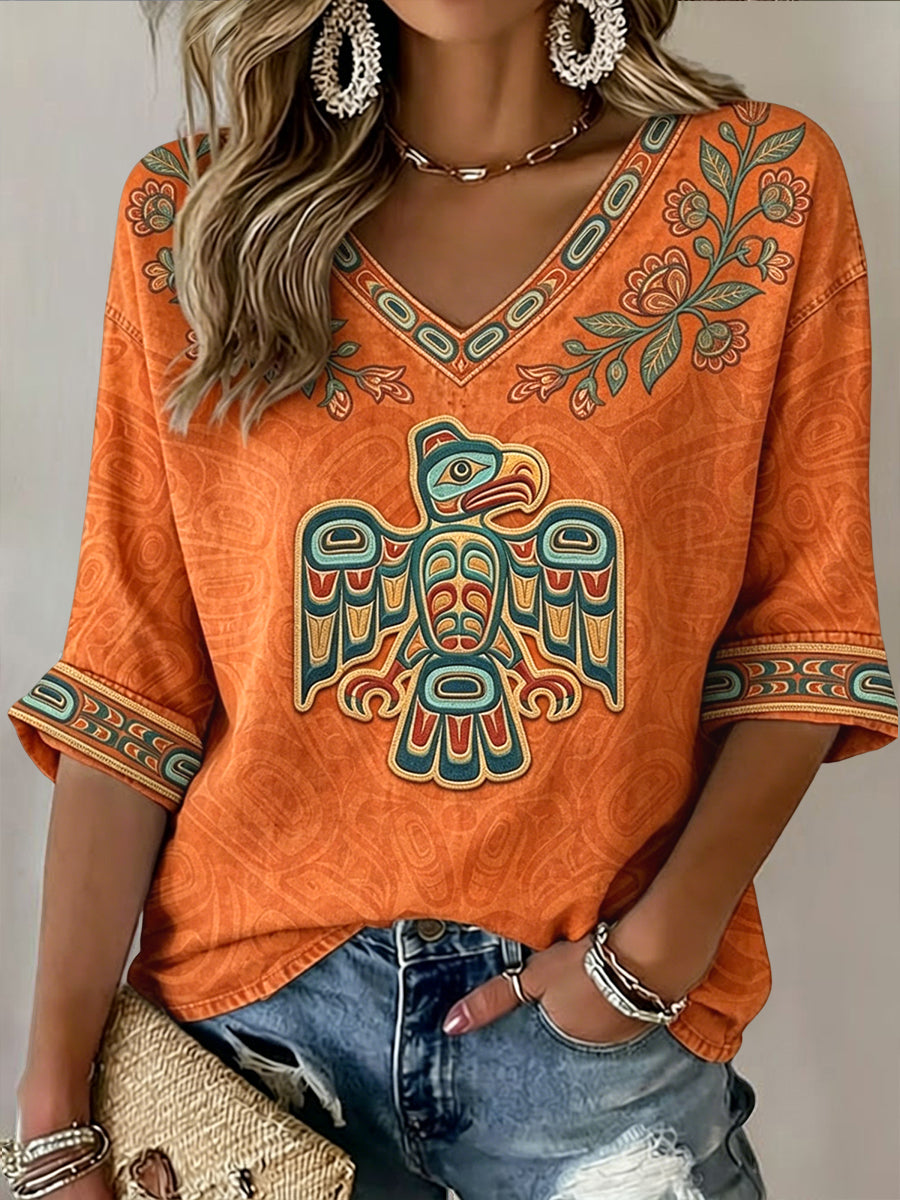 Women's Vintage Native American Raven Floral Totem Print Casual T-Shirt