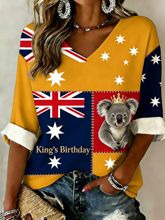 Women's Retro Australian Flag  Art "King's Birthday" Print Casual Waffle Top