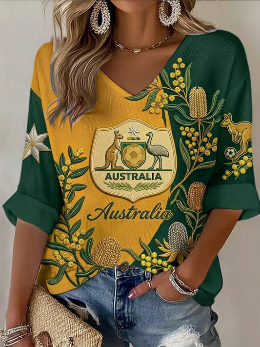 Women's Australian Football lover Printed Mid-length Sleeves V-Neck T-Shirt