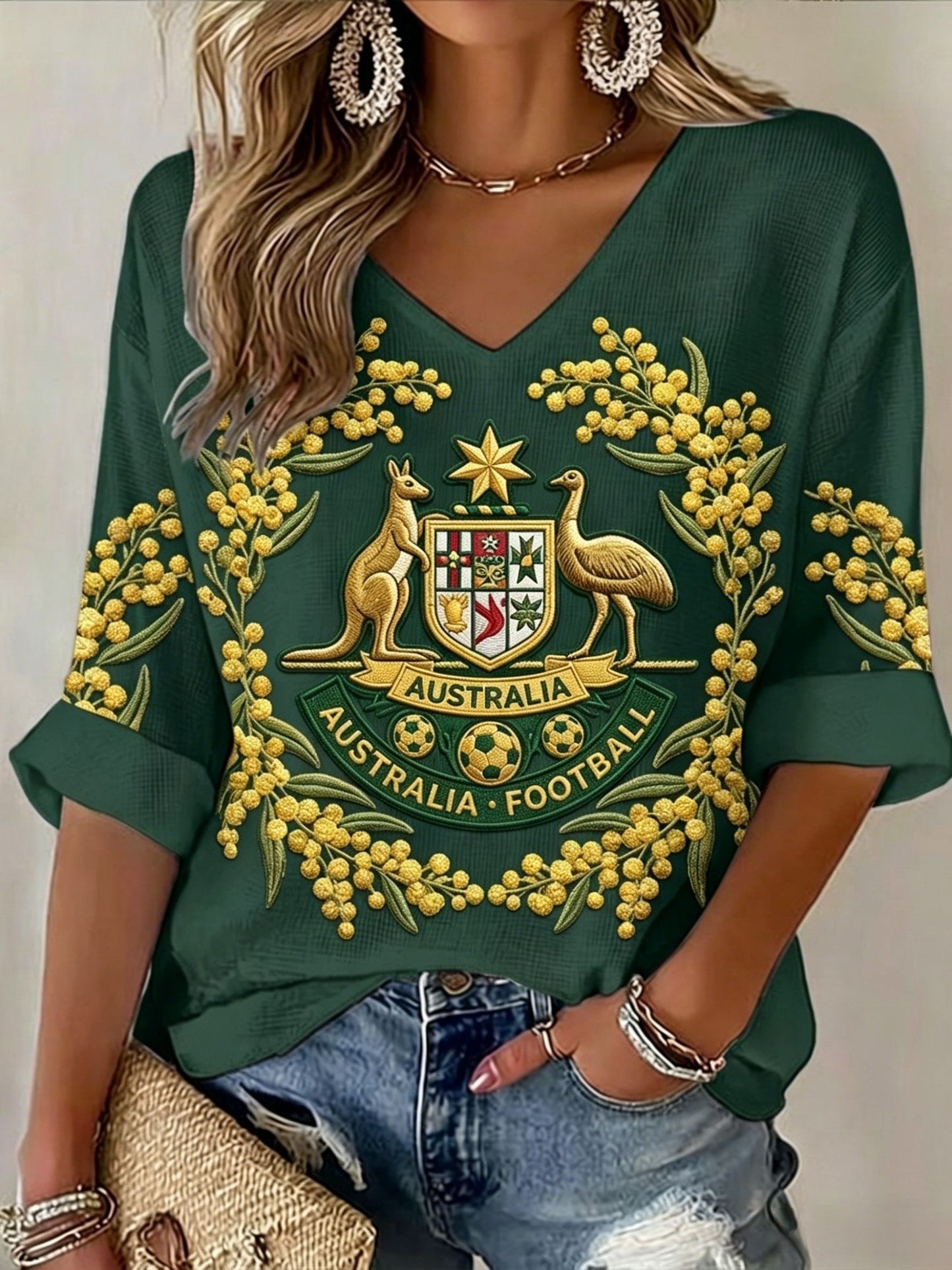 Women's Australian Football lover Printed Mid-length Sleeves V-Neck T-Shirt