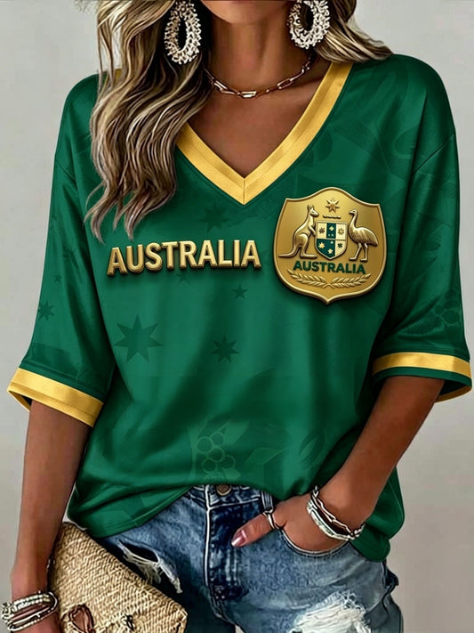 Women's Australia Football Lover Art Printed V-Neck T-Shirt