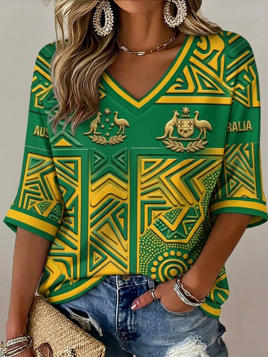 Women's Australia Football Lover Art Printed V-Neck T-Shirt