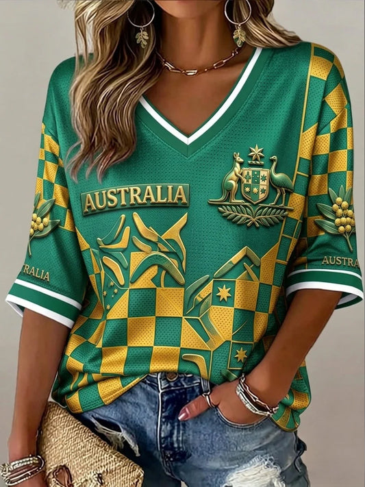 Women's Australia Football Lover Art Printed V-Neck Mid-length Sleeves T-Shirt