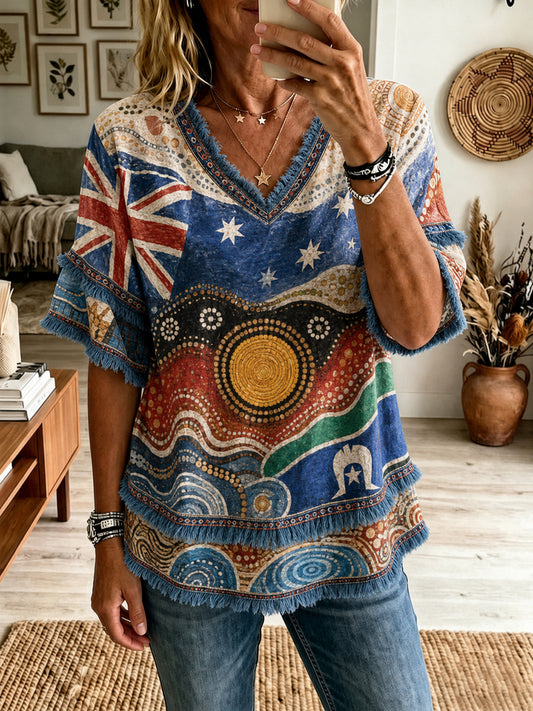 Women's Australian Aboriginal Culture Art Printed Linen Tops