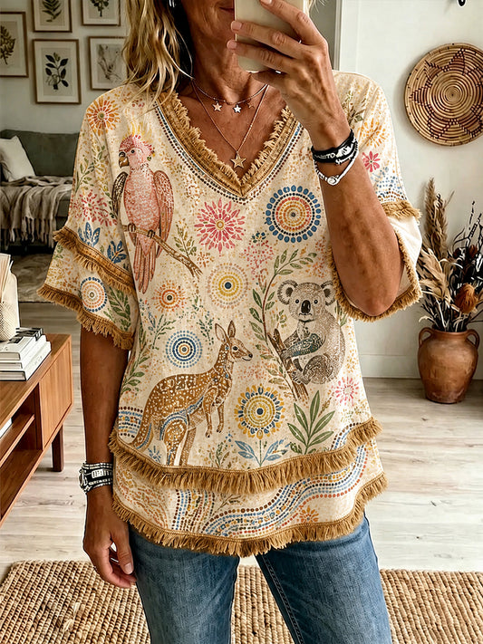 Women's Australian Aboriginal Culture Art Printed Linen Tops