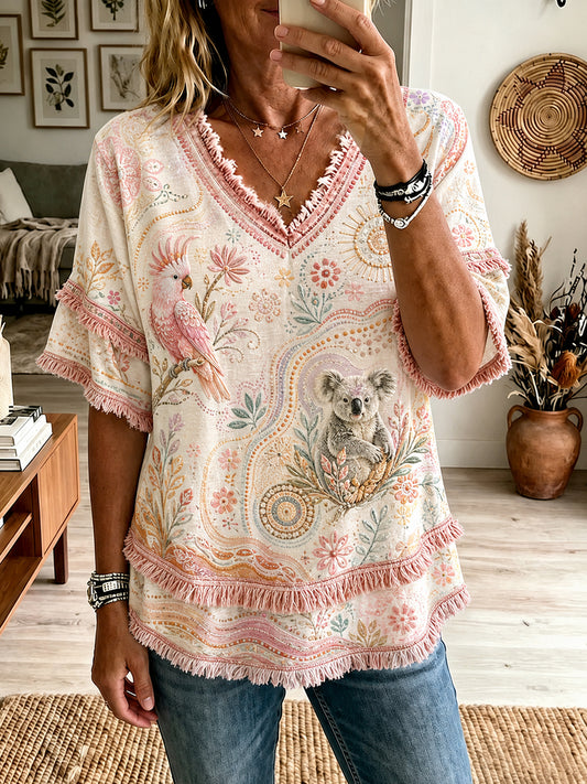 Women's Australian Aboriginal Culture Art Printed Linen Tops