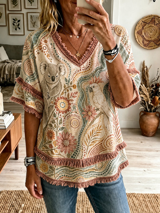 Women's Australian Aboriginal Culture Art Printed Linen Tops