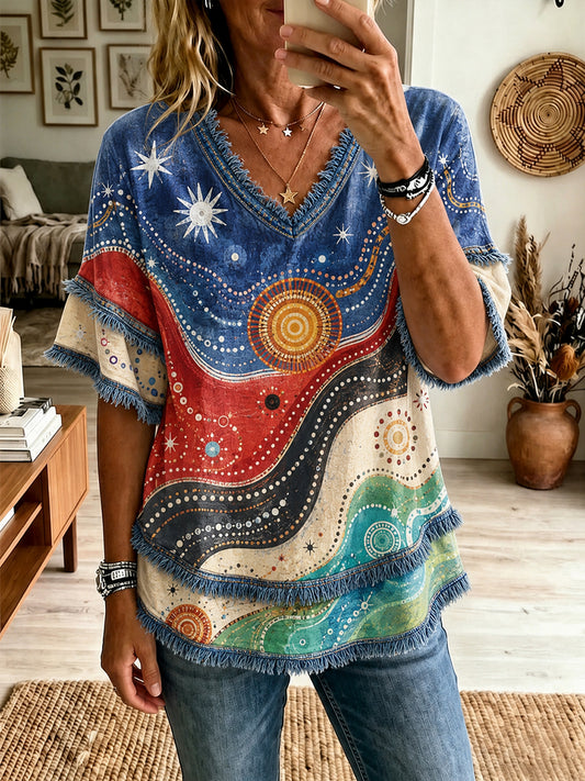 Women's Australian Aboriginal Culture Art Printed Linen Tops