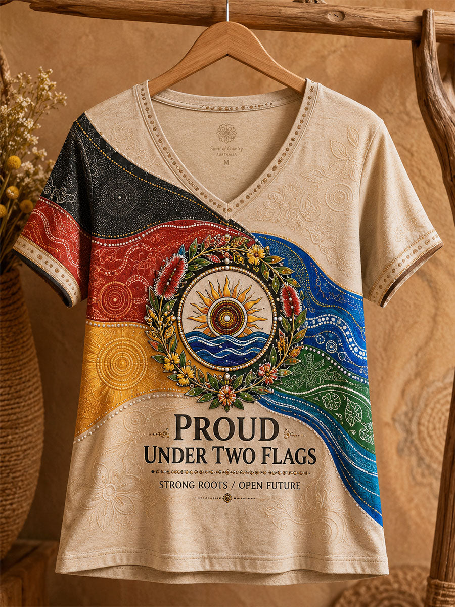 Women's Australian Aboriginal Culture Art Printed Linen V-Neck T-Shirt